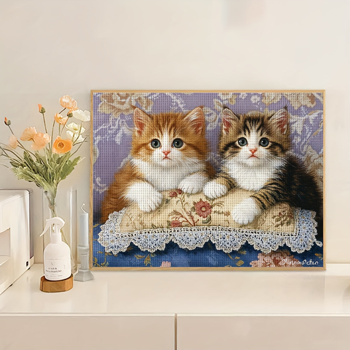 1pc ZUOANLF DIY Cross Stitch Kit - Two Adorable Tabby Kittens (Brown & Grey) Complete Embroidery Set with Fabric Hoop-Like Board, Threads & Instructions - 11/14CT Pre-Printed Design for Home Decor, Beginner-Friendly Craft Pro