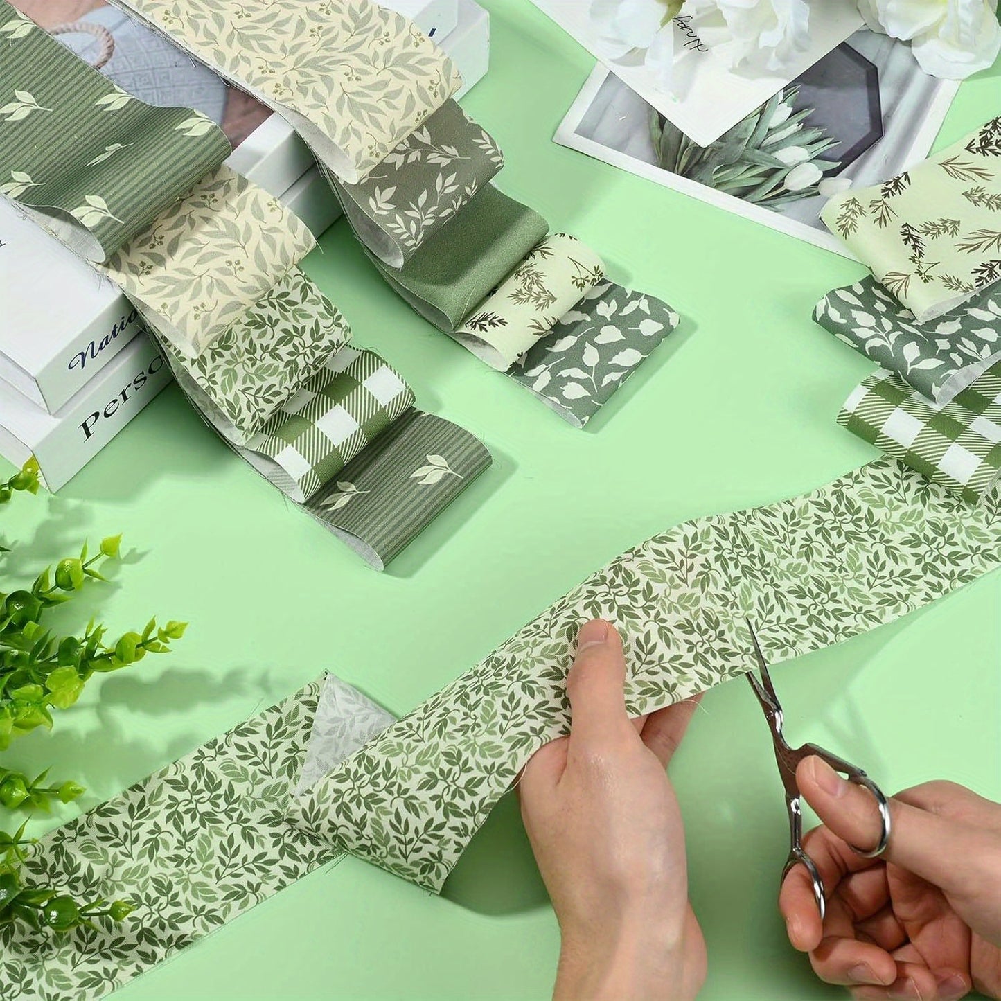 80pcs Lavender Green Retro Floral Jelly Roll Fabric - Pre-Cut 2.56" Squares with Muted Mint, Sage, Beige & Patterns - DIY Quilting, Scrapbooking, Christmas Crafts - Vintage Patchwork Material (No-Sew Jumbo Strip Design), Ribb