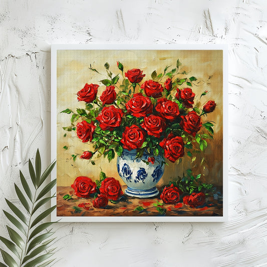 1pc JOZYSH 11CT/14CT Cross Stitch DIY Kit - Vibrant Red Rose Bouquet with Blue & White Vase, Perfect for Beginners, Includes Printed Canvas, Needles, Threads, Patterns & Instructions, Ideal for Home & Office Decor, Perfect Gi