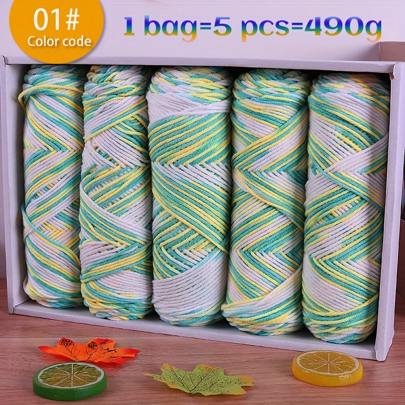 490g Multicolor Gradient Ombre Yarn Skein for Hand Knitting, 5-Ply Yarn Ball for Autumn/Winter Fashion Sweaters, Scarves, Hats, Gloves, Gifts, and Crafts, 5 Skeins per Pack