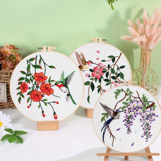 3 Hummingbird Embroidery Kits, Needle Felting Kits (for Adults) Cross Stitch Kits with Clear Instructions, Easy and Fun Printed Bird and Flower Patterns Fabric Crafts, Gifts for Beginning Embroidery Lovers