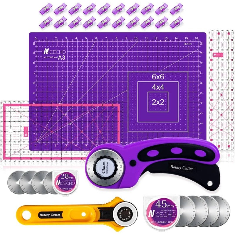 Rotary Cutter Set, Sewing Quilting Supplies, 45mm 28mm Fabric Cutters, 8 Rotary Cutter Blades, A3 Cutting Sewing, 6x12 2.5x12in Quilting Rulers, Quilt kits Lovers Beginners