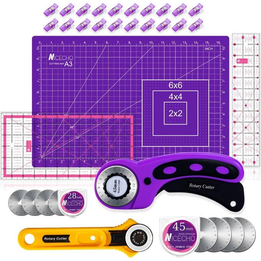 Rotary Cutter Set, Sewing Quilting Supplies, 45mm 28mm Fabric Cutters, 8 Rotary Cutter Blades, A3 Cutting Sewing, 6x12 2.5x12in Quilting Rulers, Quilt kits Lovers Beginners