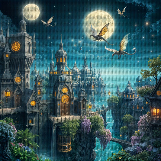 JOZYSH 15.75x15.75inch Fantasy Castle Town Cross Stitch Kit - Enchanted Moonlit Village with Dragons & Fairies, All-Season Fabric Cross Stitch Material, Perfect for Living Room, Bedroom Decor, or Home Art Gift, Bedroom Wall A
