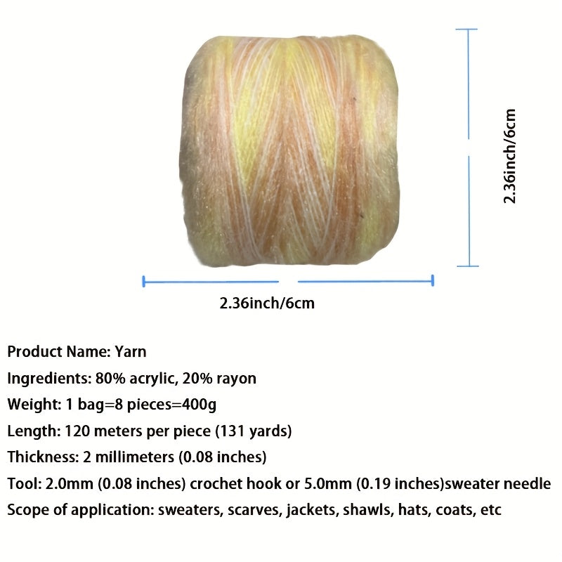 A Large Economical Pack of 400G of Soft Long-Haired Yarn, Suitable for Sweaters, Scarves, Jackets, Shawls, Hats, Coats, Etc. This Yarn Material Kit Is Perfect for DIY Projects. 1 Pack = 8pcs = 400G, Consisting of 80% Acrylic