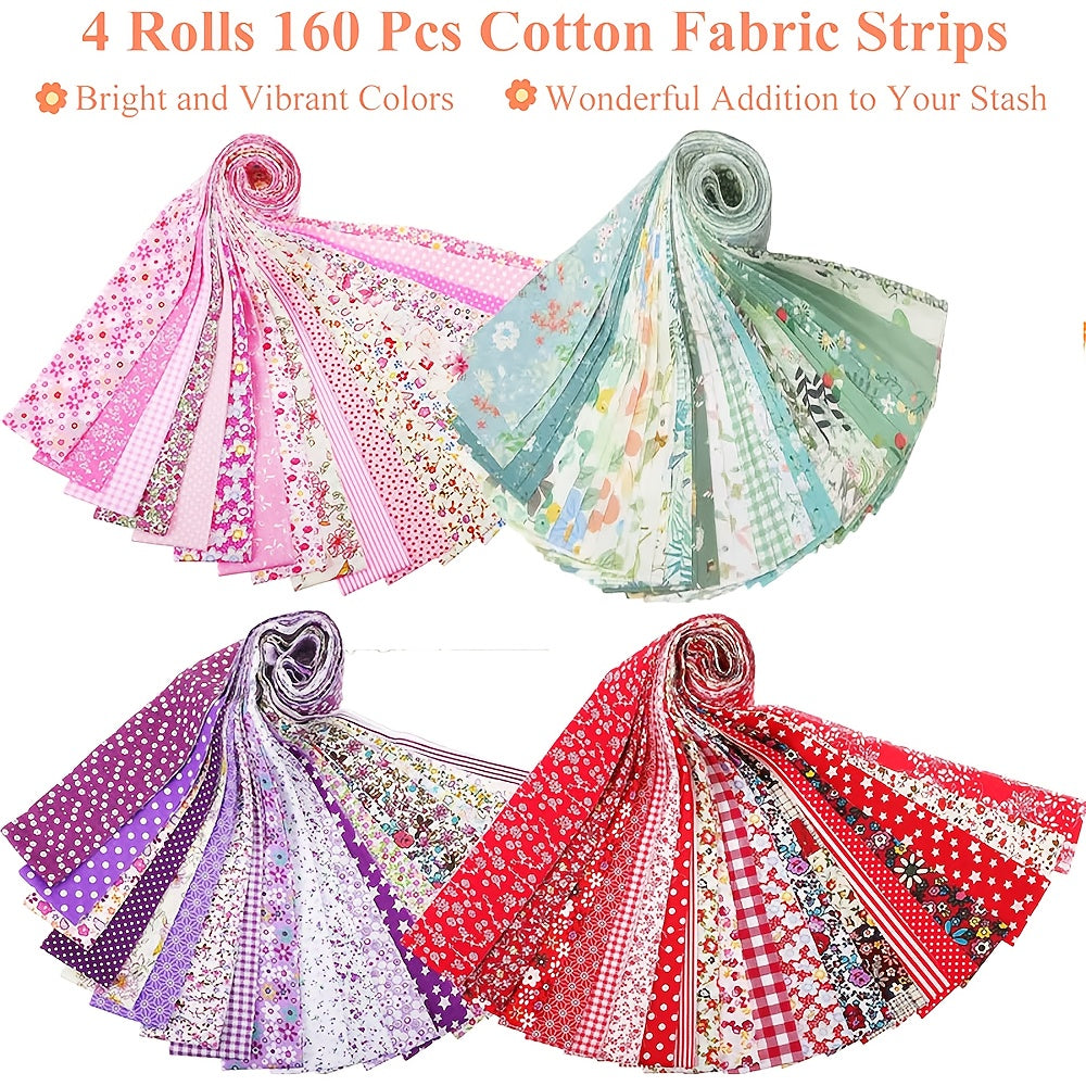 SmoothNovelty 160pcs 4 Roll Fabric Strips Assorted Quilting Fabric for Quilting Crafting And Sewing Rolled Cotton for Crafts Blanket Rug Upholstery And Purse Making (Cute Style), Smooth Texture, Hand Wash Only, Precut Fabric