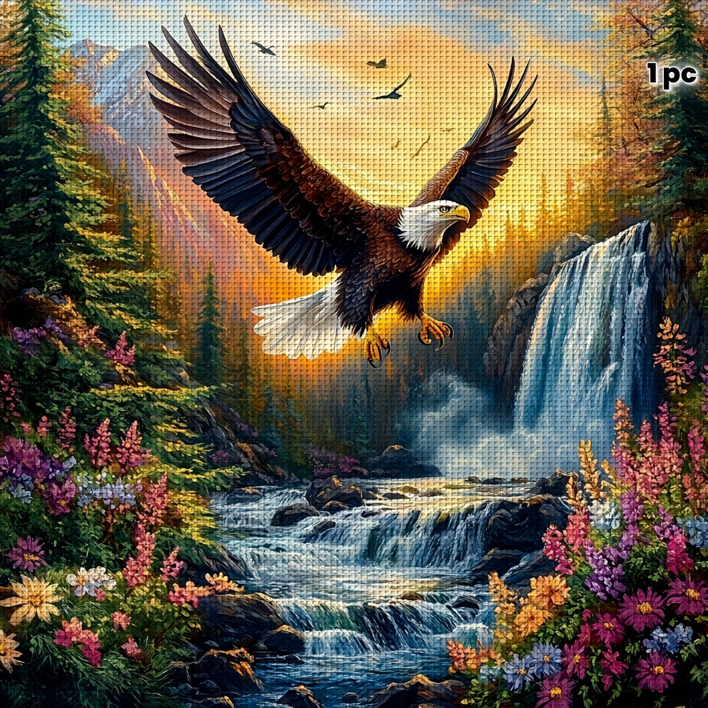 JOZYSH 1pc 40x40cm/15.7x15.7in Bald Eagle in Valley Cross Stitch DIY Kit - 11CT/14CT, Vibrant Mountain Landscape with Waterfall & Wildflowers, Perfect for Beginners, Bedroom or Living Room Wall Decor, Includes Canvas, Needle,