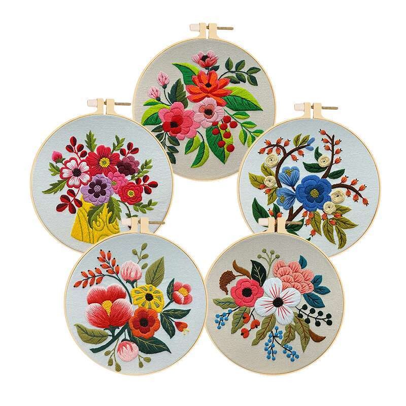 5pcs Floral Embroidery Starter Kit with Hoops - Vibrant Cross Stitch Kits for Beginners, Complete Set for Handicrafts Gifts, Includes Patterns, Threads Tools, Perfect for All Seasons, Needlework Kits|Vibrant Embroidery Kits|C
