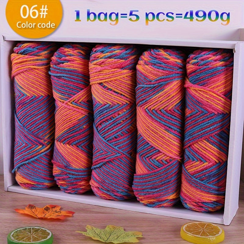 490g Multicolor Gradient Ombre Yarn Skein for Hand Knitting, 5-Ply Yarn Ball for Autumn/Winter Fashion Sweaters, Scarves, Hats, Gloves, Gifts, and Crafts, 5 Skeins per Pack