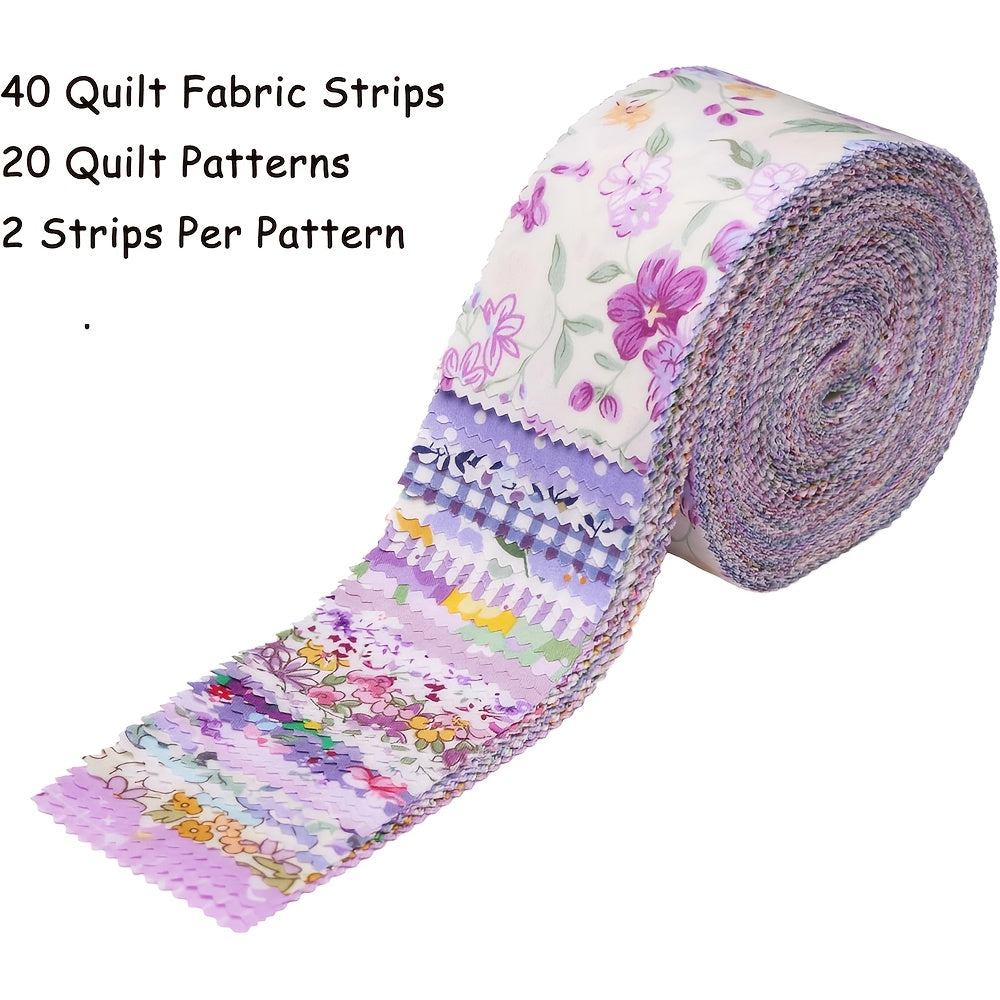 40pcs Purple Garden Jelly Roll Fabric - 2.5" x 20" Wide Pre-Cut Quilt Strips with Assorted Floral & Checkered Patterns for Quilting, Sewing, DIY Crafts, Jelly Roll Fabric for Quilting, Sewing Projects, Vibrant Pattern Variety