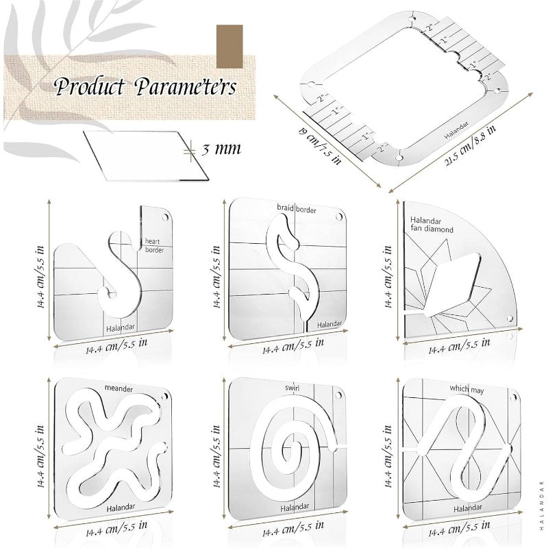 6pcs Motion Quilting Template Series with 1 Quilting Frame 1 Ruler Foot 15 Non - Slip Mats 1 Instruction, 3mm Acrylic Templates Quilting on Sewing Machine Ruler, Fabric Stitching, Smooth Edges, Textile Artists, Diy Sewers