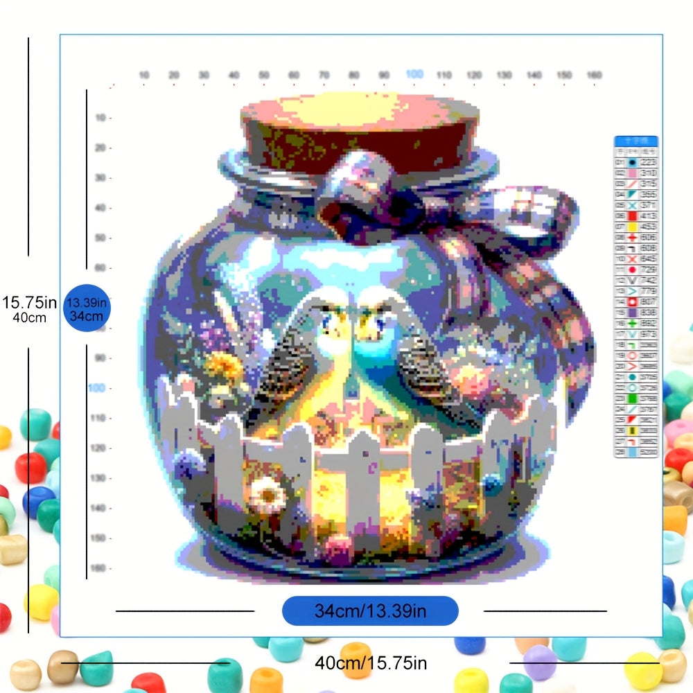DIY Bead Embroidery Art 11CT Printed Canvas Romantic Budgie Pair in Glass Jar Threads Home Decoration Cross Stitch Kits Birds & Flowers Theme Needles Threads Gift Set