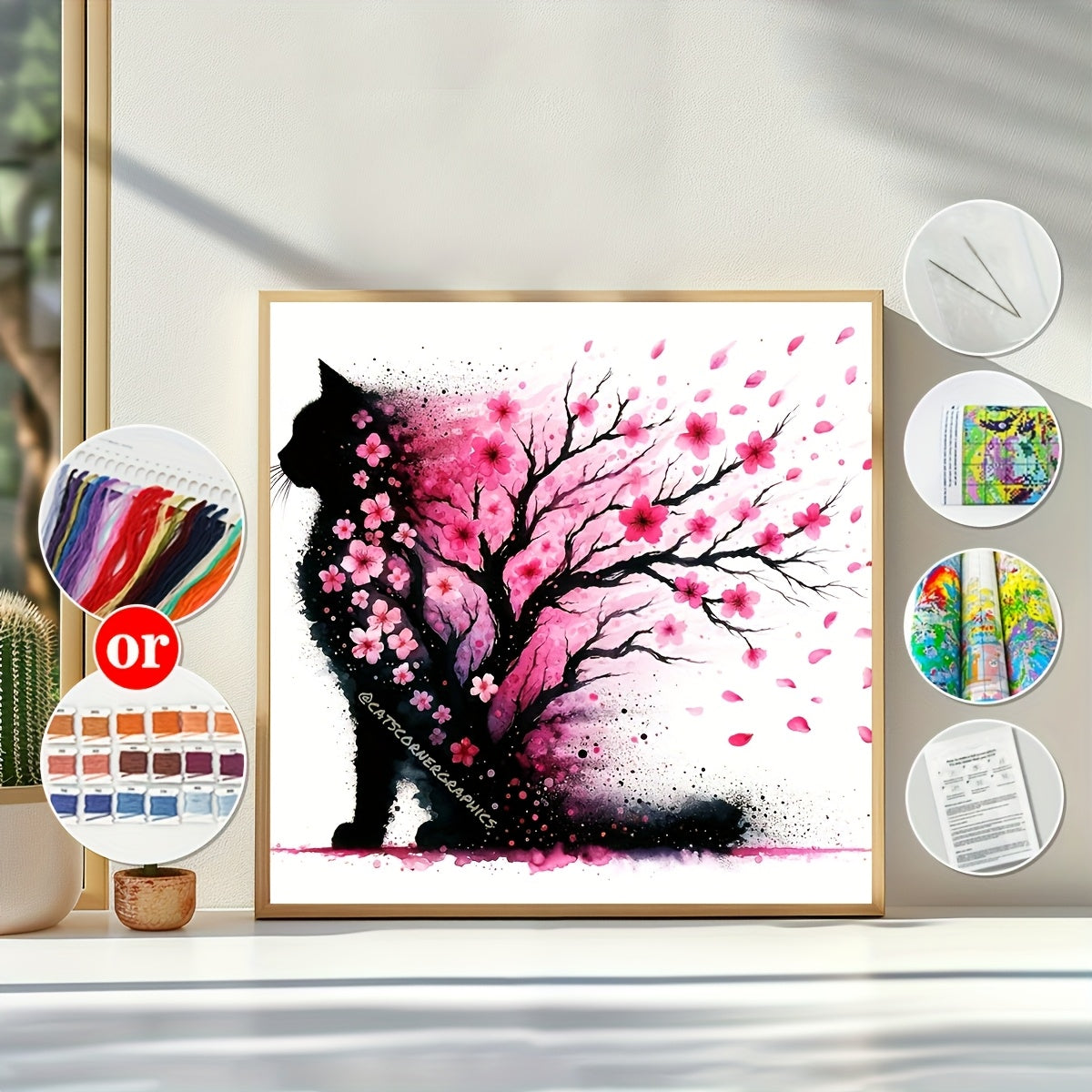 1pc JOZYSH 40x40cm/15.7x15.7" Black Cat & Pink Cherry Blossom Cross Stitch DIY Kit - Easy Beginner Project with Printed Canvas, Needle, Thread, Pattern, and Instructions - Perfect for Home & Office Decor, Ideal Gift for Frien