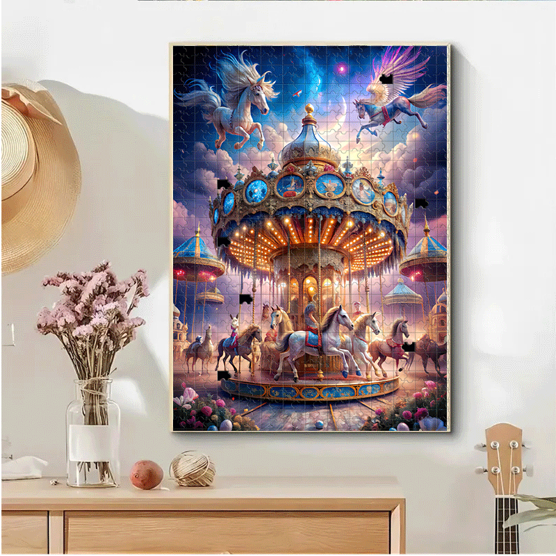 500/1000pcs Enchanted Carousel, & Magical Night Jigsaw Puzzle for Adults & - 2 Difficulty Levels, Portable Large Jigsaw Game with Glowing Stars, DIY Home Decor, Birthday/Christmas Gift (500 or 1000pcs), Christmas Window Stick