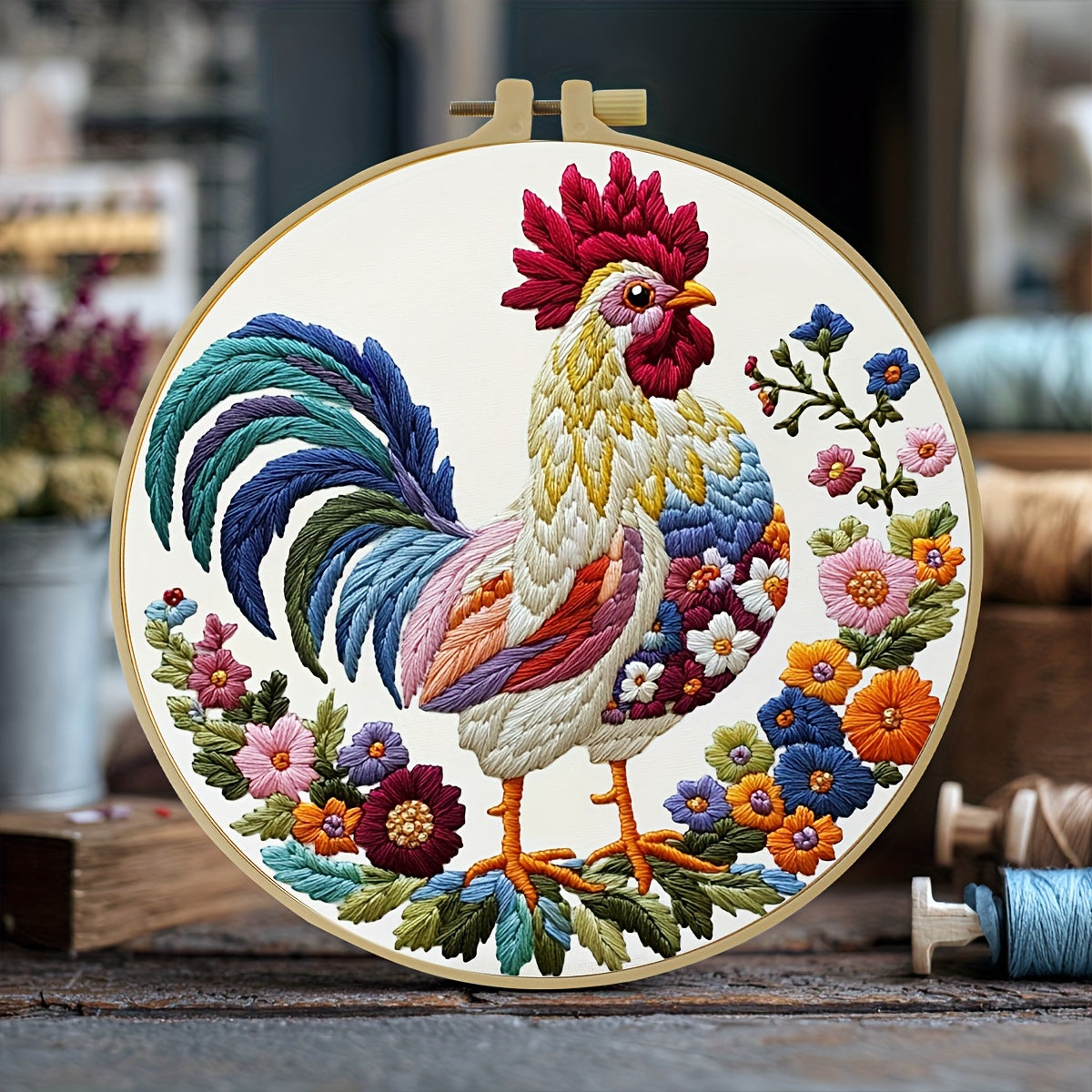 Complete rooster and floral embroidery kit for beginners, including printed pattern, embroidery frame, and needlework. Includes embroidery cloth, instructions, embroidery frame, and needlework. It's a perfect holiday gift for