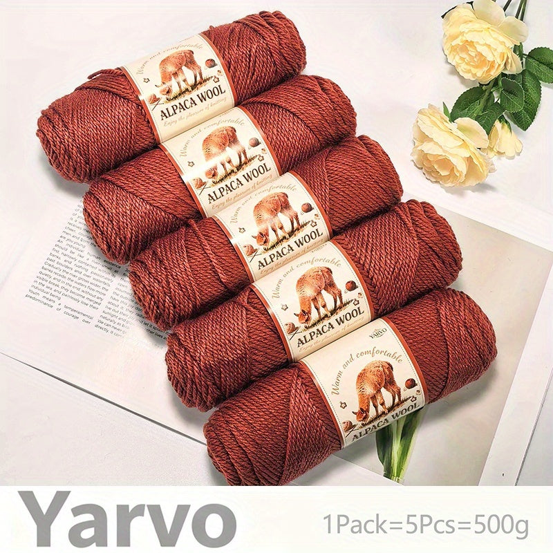 1 Pack (5 Balls) 500g Alpaca Wool Yarn - Thick Warm Winter Knitting Fiber, Alpaca Wool Yarn for DIY Hand-Knitting Scarves, Hats, Sweaters, Multi-Color (Brown/White/Black/Gray/Tan) - Perfect Gift for Crafters & Cold Weather