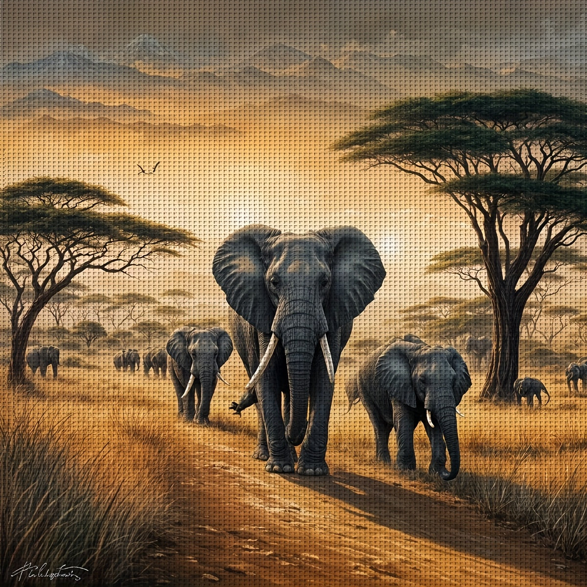 JOZYSH 1pc 40x40cm/15.7x15.7in Elephant Savanna Cross Stitch DIY Kit - 11CT/14CT Fabric, Ideal for Beginners, Perfect for Bedroom or Living Room Wall Decor, Includes Canvas, Needle, Thread, Pattern, and Instructions, Relaxing