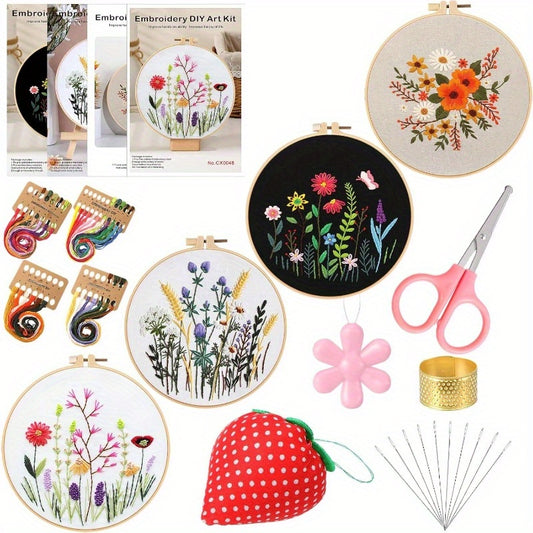4 Pack Flower Embroidery Kit Adults, Floral Pattern Embroidery Kit Beginners Practice Kits with Hoop, Threads, Scissors, Threader, Needle Insert, Thimble, and Needles Sewing, Stamped Cross Stitch Kits, Cute Flowers and Plants