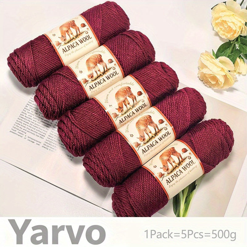 1 Pack (5 Balls) 500g Alpaca Wool Yarn - Thick Warm Winter Knitting Fiber, Alpaca Wool Yarn for DIY Hand-Knitting Scarves, Hats, Sweaters, Multi-Color (Brown/White/Black/Gray/Tan) - Perfect Gift for Crafters & Cold Weather