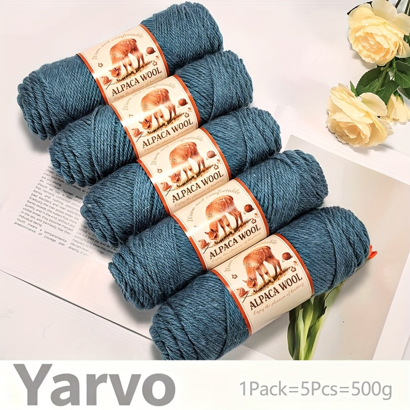 1 Pack (5 Balls) 500g Alpaca Wool Yarn - Thick Warm Winter Knitting Fiber, Alpaca Wool Yarn for DIY Hand-Knitting Scarves, Hats, Sweaters, Multi-Color (Brown/White/Black/Gray/Tan) - Perfect Gift for Crafters & Cold Weather
