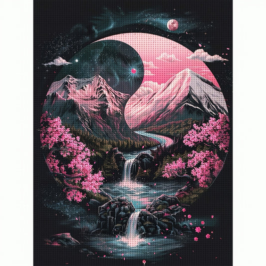 1pc JOZYSH 11x15.7" Night Landscape Cross Stitch Kit - Serene Mountain, Waterfall & Cherry Blossom Scene, Includes Canvas, Threads, Needle & Instructions - Ideal for Beginners, Perfect Gift for Friends & Family, Relaxing DIY