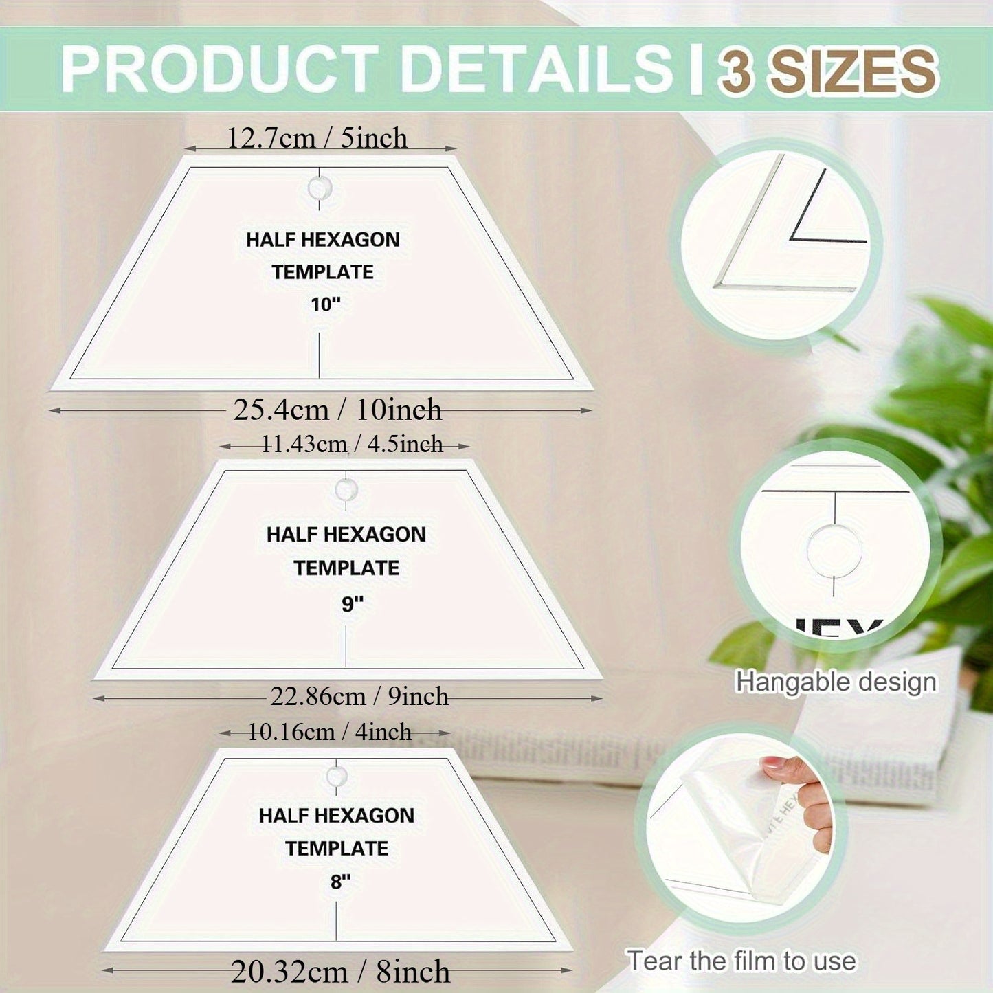 3pcs Set, Semi-Hexagonal Acrylic Knitting Template for Sewing and DIY Craft Pattern Cutting, Transparent Acrylic Quilting Ruler, Grid Pattern Ruler for DIY Crafts and Patches, Sewing Accessories | Durable Plastic, Sewing Supp