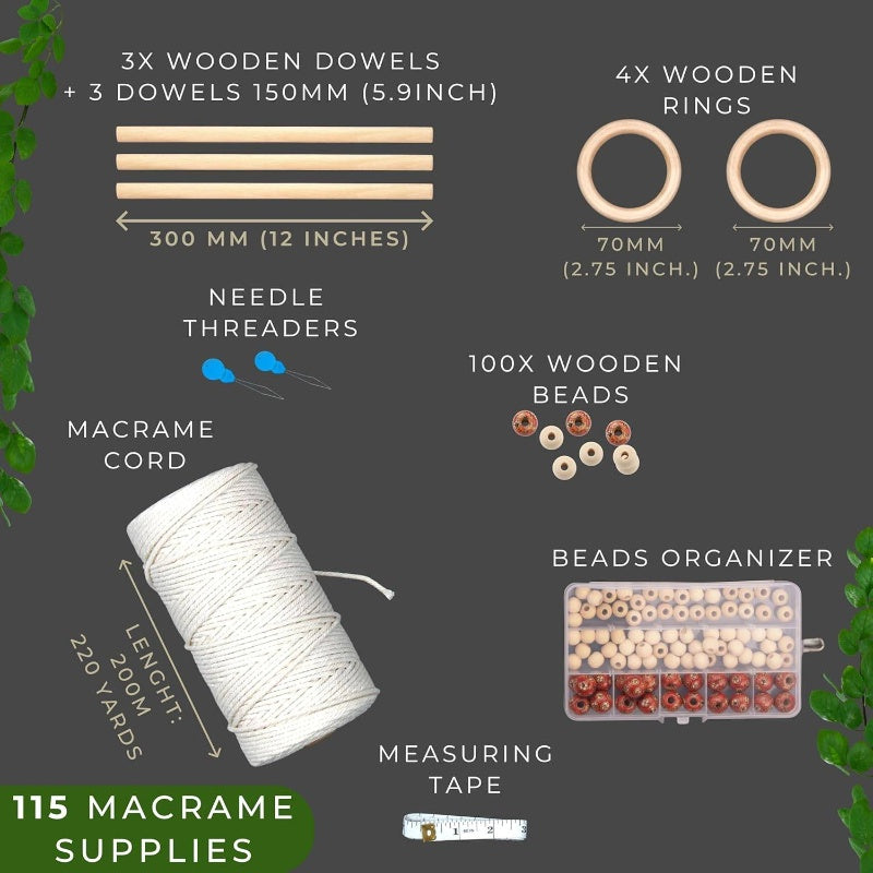 115pcs Complete Macrame Kit for Beginners with 9 Step-by-Step Bohemian Crafts Book & 220yd Yarn (115 Supplies) - DIY Wall Hanging, Plant Hanger, Tassel Garland, Cord Projects - Macrame Making Craft for Adults, Complete Starte