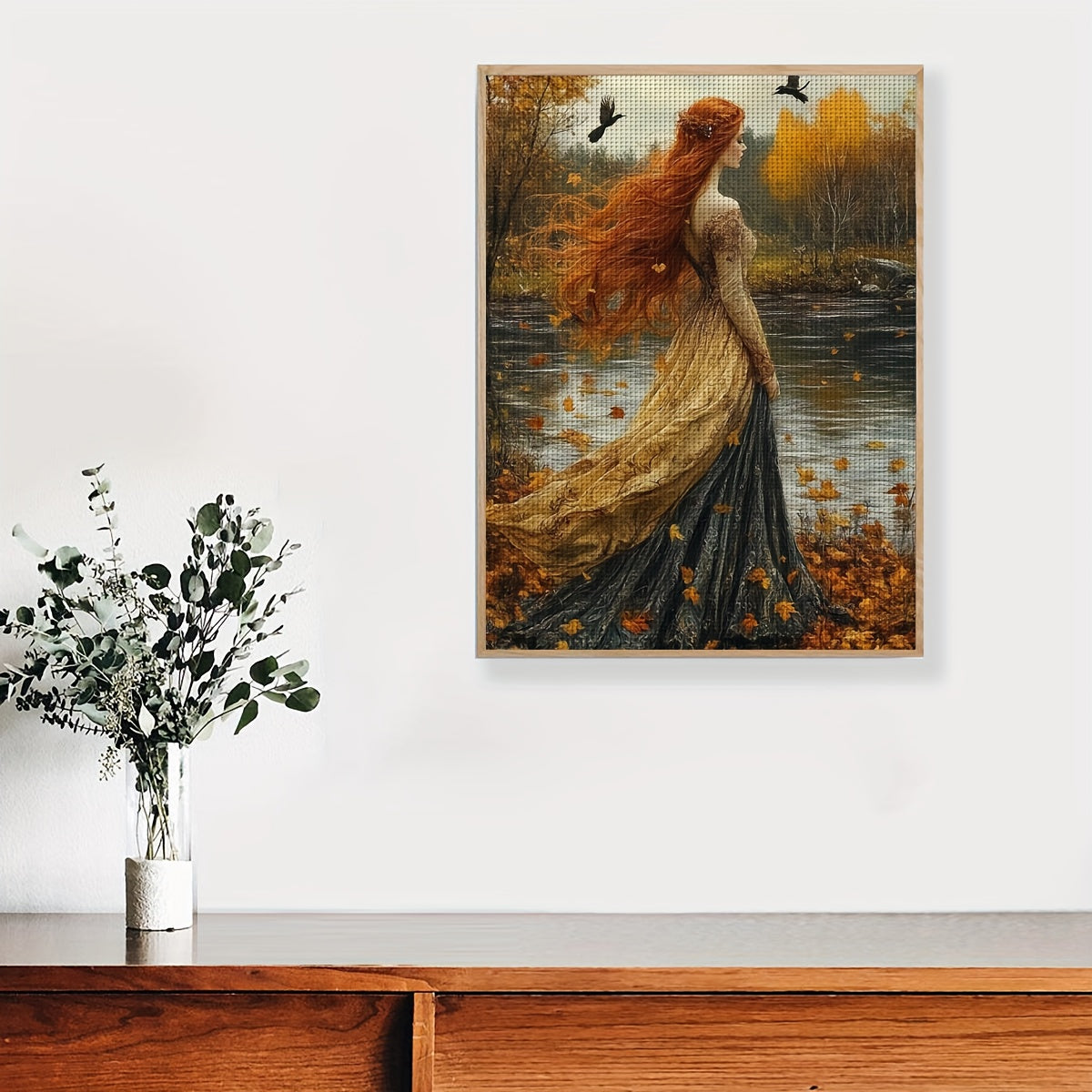 JOZYSH 11CT/14CT Cross Stitch Kit - Elegant Red-Haired Lady in Autumn Landscape, DIY Canvas Art with Frame, 30x40cm/11.8x15.7in, All-Season Home Decor, Relaxing Handmade Gift for Office, Office Artwork | Autumnal Scene | Deta
