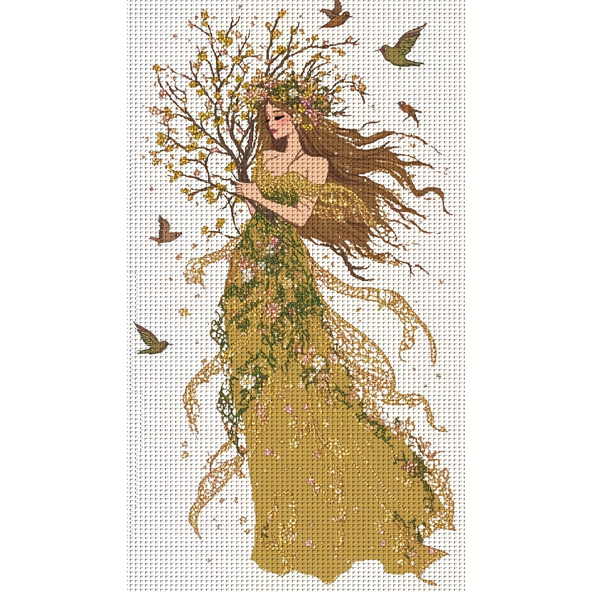 JOZYSH 1pc, 15.75x27.56inch DIY Cross Stitch Kit - Enchanting Tree Woman with Birds, Vibrant Floral Dress Design, Perfect for Living Room, Bedroom Decor, Home Art Gift, Seasonal Home Decor | Vibrant Floral Dress | Detailed St