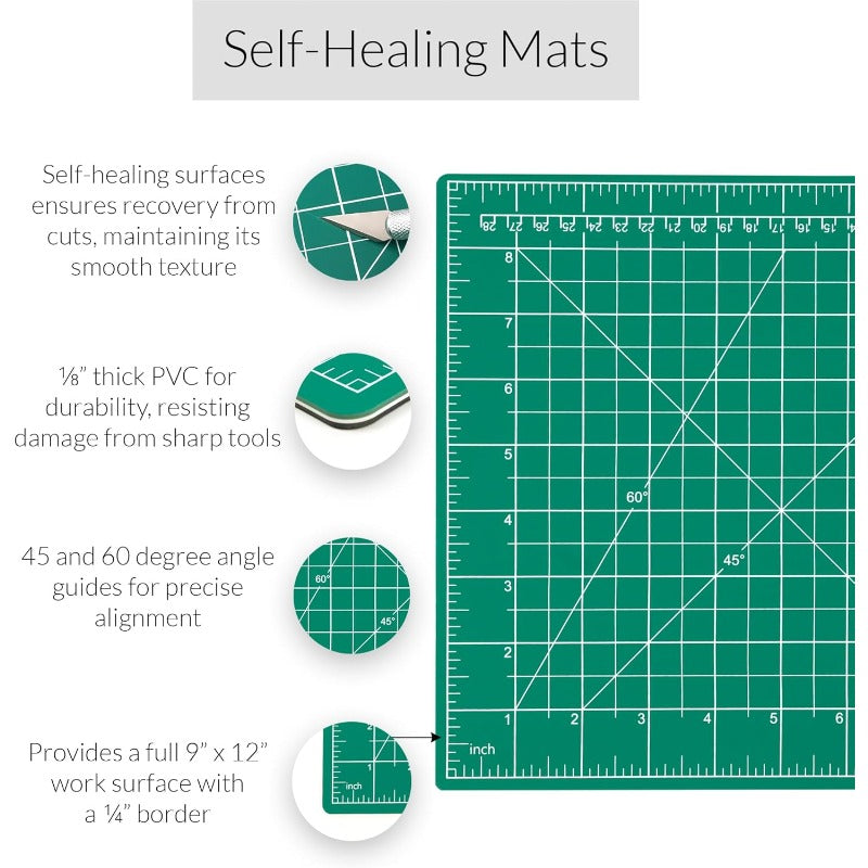 3pcs WA Portman Self-Healing Cutting Mat & Rotary Cutter Set with 5 Refill Blades, 9"x12" Fabric Quilting Ruler System, 45mm Fabric Cutter (with Lock) & Acrylic Ruler for quilting, sewing, DIY Crafts Kit - All-in-One Cutting