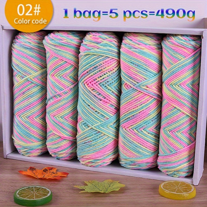 490g Multicolor Gradient Ombre Yarn Skein for Hand Knitting, 5-Ply Yarn Ball for Autumn/Winter Fashion Sweaters, Scarves, Hats, Gloves, Gifts, and Crafts, 5 Skeins per Pack