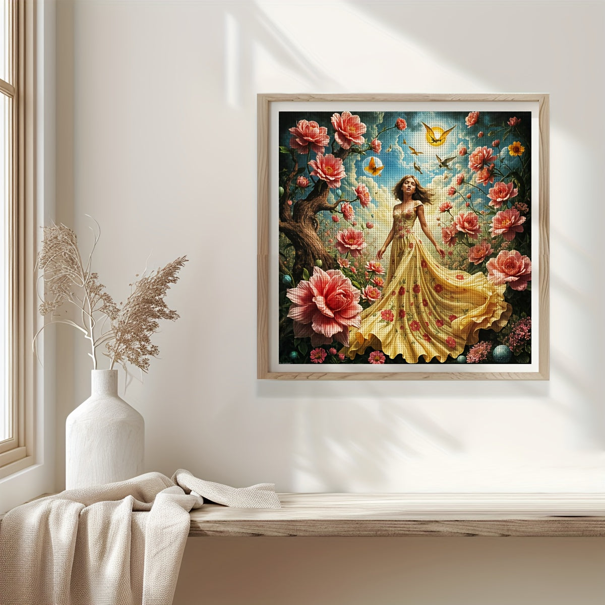 1pc JOZYSH Frameless Cross Stitch Kit for Adults & Beginners - Large 40x40cm/50x50cm (15.7x15.7"/19.7x19.7") DIY Complete Set with Pre-Printed Fabric Canvas, Threads, Needles & Instructions - Elegant Girl with Peonies & Butte