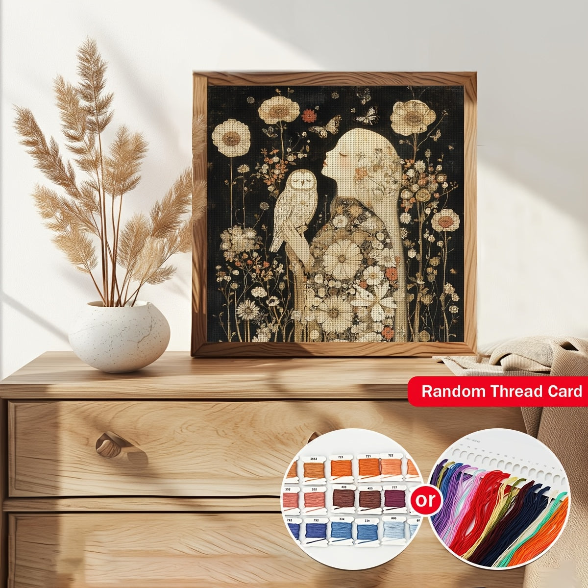 1pc 11x11" or 15.7x15.7" Unframed 11CT/14CT Printed Cross Stitch Kit - Owl & Girl Floral Design, All-Season Home Decor Wall Art, DIY Cross Stitch Materials with Printed Pattern, Threads, Needles & Instructions, Perfect Holida