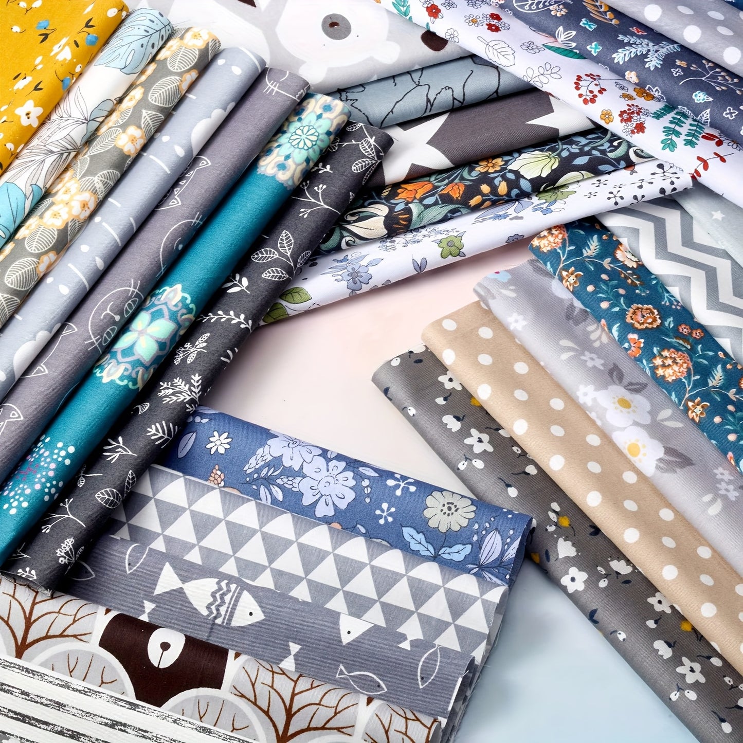 30pcs Floral Fabric Bundle - 10x10 Inch Pre-Cut Squares for Patchwork, Quilting, and DIY Crafts, Assorted Patterns Including Floral, Geometric, and Nature Motifs in Blue, Green, Yellow, Pink, and More, Hand Wash Only