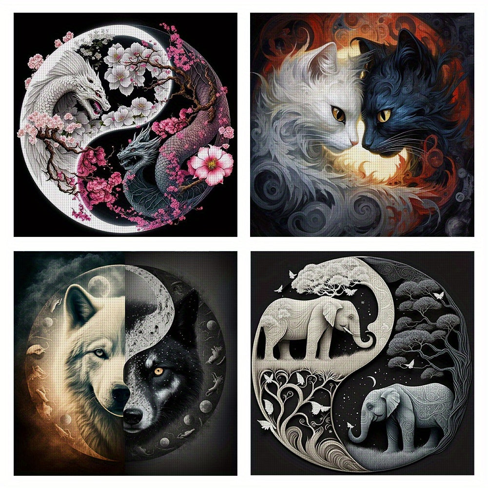 4pcs 11CT Stamped Cross Stitch Kit Yin-Yang Diagram DIY Full Embroidery Thread Needlepoint Craft with Printed Canvas, Fantasy Nature Scenery Wall Art for Home Office Decoration, Perfect Gift for Christmas, Anniversary, Housew