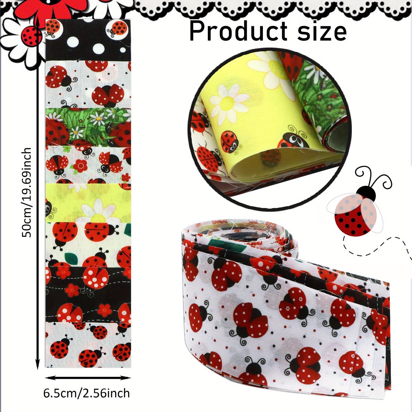 40pcs Ladybug Quilting Fabric Strips - Red & Black Ladybugs with Green Floral, Pre-Cut Long Patchwork strips for DIY Crafts, Scrapbooking, Doll Clothes, Table Runners - Ideal for Beginners & Experts