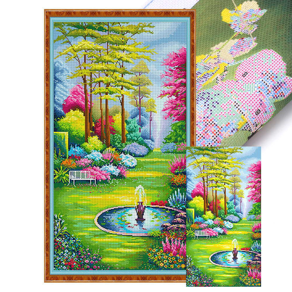 1 Set Secret Garden Cross Stitch Kit with 19.69x35.43inch Large Floral Canvas - 11CT Full Stitch Pre-Printed Fabric with Numbered Threads & Needles, Vibrant Spring Garden Scene with Lush Greenery, Pink Flowers, Yellow Foliage