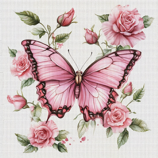 ZUOANLF 1set 40x40cm/15.7x15.7Inch DIY Cross Stitch Kit Frameless, Butterfly and flowers, stamped cross stitch kits, Embroidery Set for Home Decor, Includes Patterned Fabric & Threads, Perfect for Living Room Entrance or Bedr