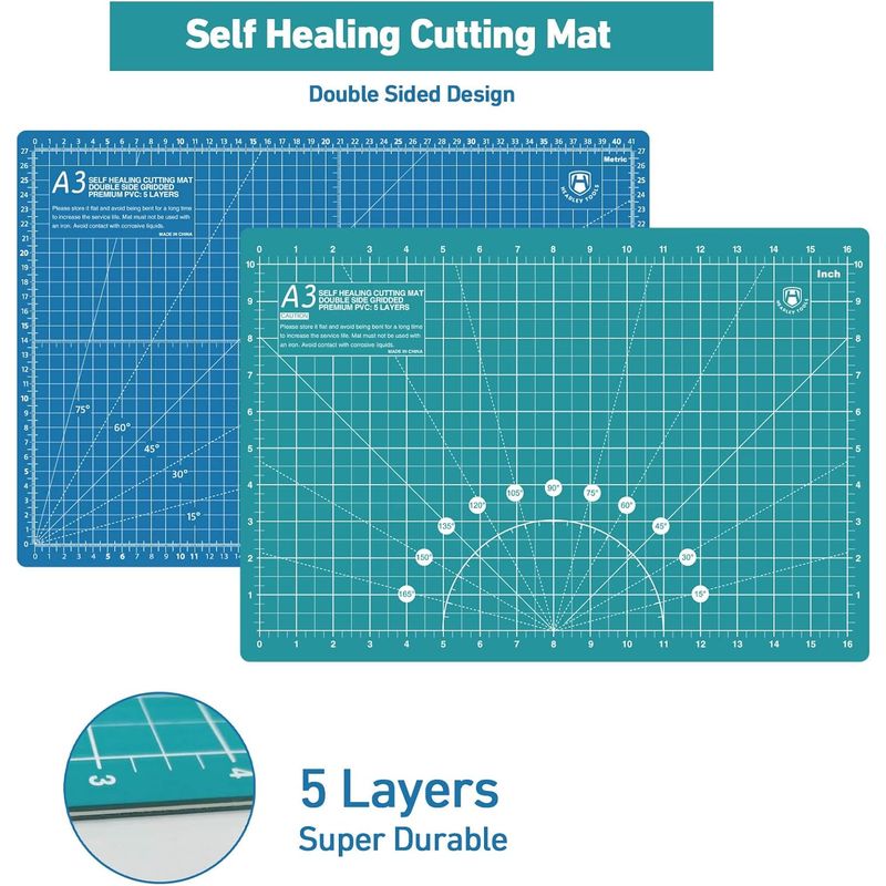 Headley Tools Rotary Cutter Set - 45mm Fabric Cutter, 5 Extra Rotary Blades, A3 Cutting Mat, Quilting Ruler and Sewing Clips | Craft Knife Set, Ideal for Crafting, Sewing, Patchworking, Turquoise