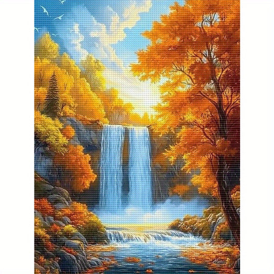 1pc DIY Landscape Cross Stitch Kit - 13, 8x17, 7in Frameless Fabric, 11CT Printed Design with Vibrant Autumn Waterfall & Forest Scene, Includes Threads for Home Wall Decor, Perfect Mother'S Day Gift, Cross Stitch Kits