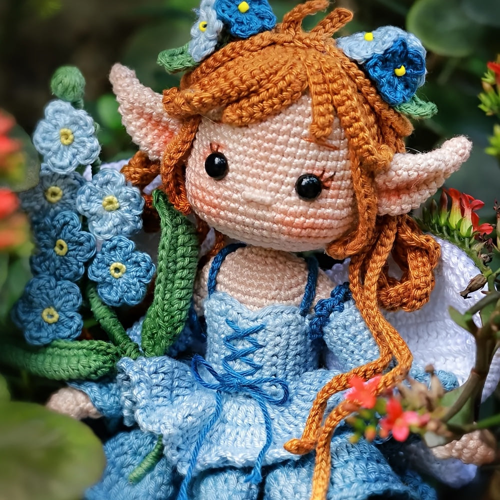Complete DIY Crochet Kit for Adults: Handmade Fairy Girl Doll with Blue Flowers - Crochet Yarn & Hooks Set, Step-by-Step Instructions, Brown/White/Blue Yarn, All-Season Handicraft Project for Wedding Decor, Valentine's/Mother
