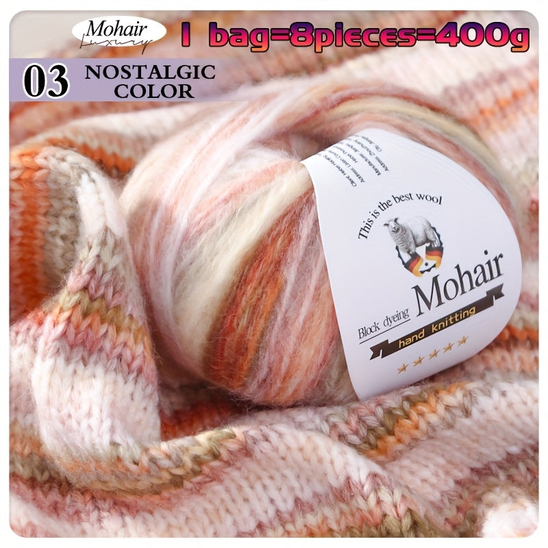 1 Bag = 8 Balls = 400g Multicolor Self-Striping Mohair Yarn | Fashion Sweaters, Coats, Shawls, Trench Coats, Scarves, Hats, Gloves, Clothing Accessories - Polyester 80%, Wool 10%, Nylon 10%