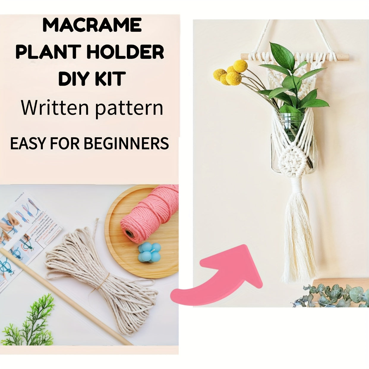 1SET Macrame Kit, Easy Macrame Plant hanger, includes materials and written pattern with step by step instructions for beginners, good gift for holiday and women