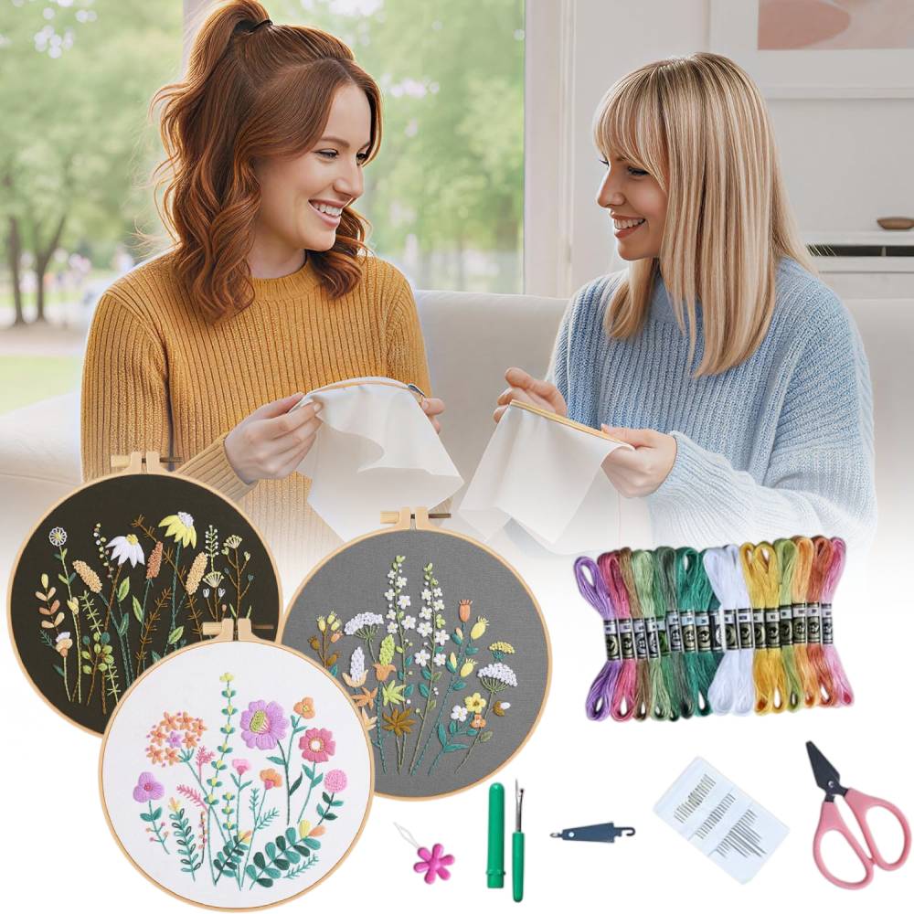3 Pack Embroidery Starter Kit | Stamped Cross Stitch Kits with Cute Flowers and Plants Patterns, Embroidery Hoop, and Color Threads for Beginners and Adults, Suitable for All Seasons.
