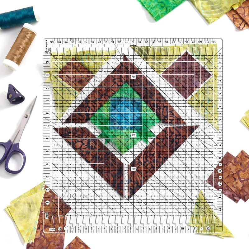 Large 12.5x12.5 Inch Quilting Ruler with Grip & 26-Slot Rotary Guide - Double-Sided 45°/60° Angle Markings, Non-Slip Grid for Fabric Cutting, Square/Strip/Ruler Templates (Compatible with Sewing Machines