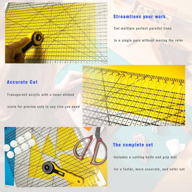 Square Slotted Quilting Ruler with Rotary Cutter - 12.5 inch*12.5 inch Acrylic Ruler Precise Fabric Cutting Quilting Rulers Sewing Rulers Includes Non - Slip Pads