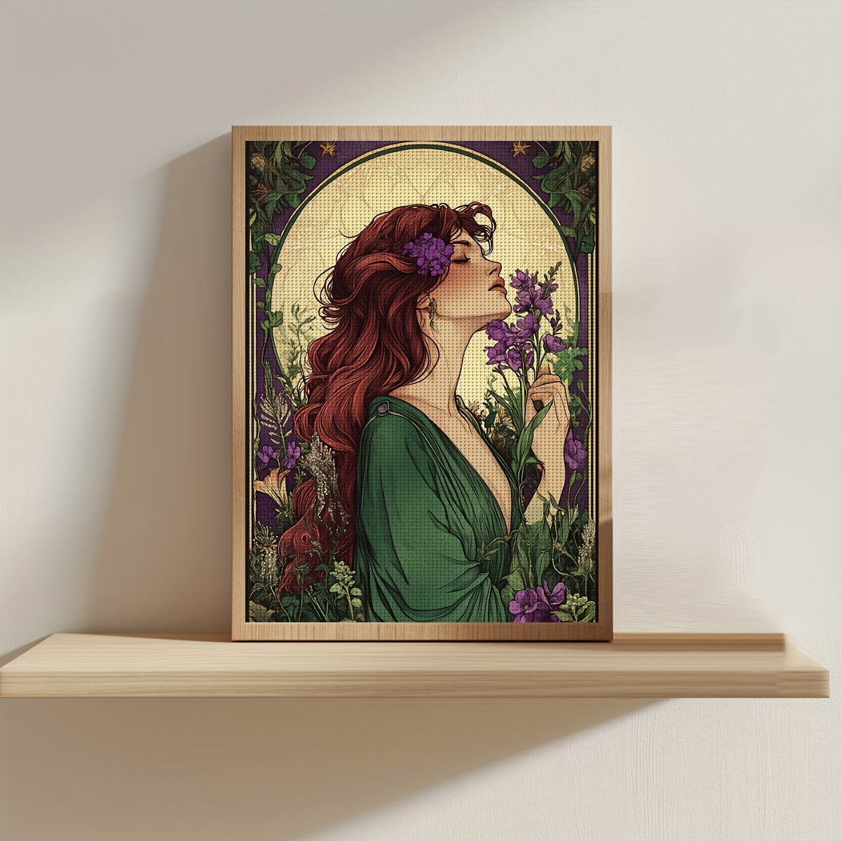JOZYSH 1pc Lavender & Woman Cross Stitch Kit, 11CT/14CT Pre-Printed Fabric Pattern with Random Stitches, Ideal for Living Room, Entryway, Bedroom Decor - Romantic Red-Haired Woman with Lavender, 30x40cm/11.8x15.7in/40x50cm/15