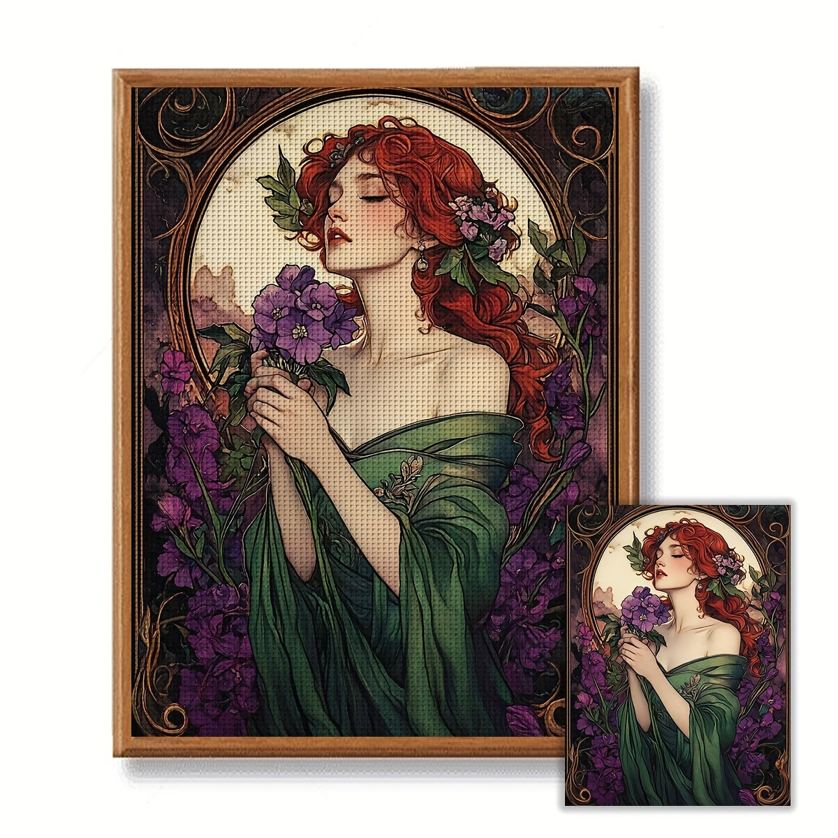 1 Set 11CT/14CT Moonlit Elegance Cross Stitch Kit - Vibrant Red-Haired Lady with Purple Flowers, Includes Canvas, Needles, Threads, Patterns & Instructions - Ideal for Bedroom & Living Room Decor, Perfect Gift, 30x40cm/11.8x1