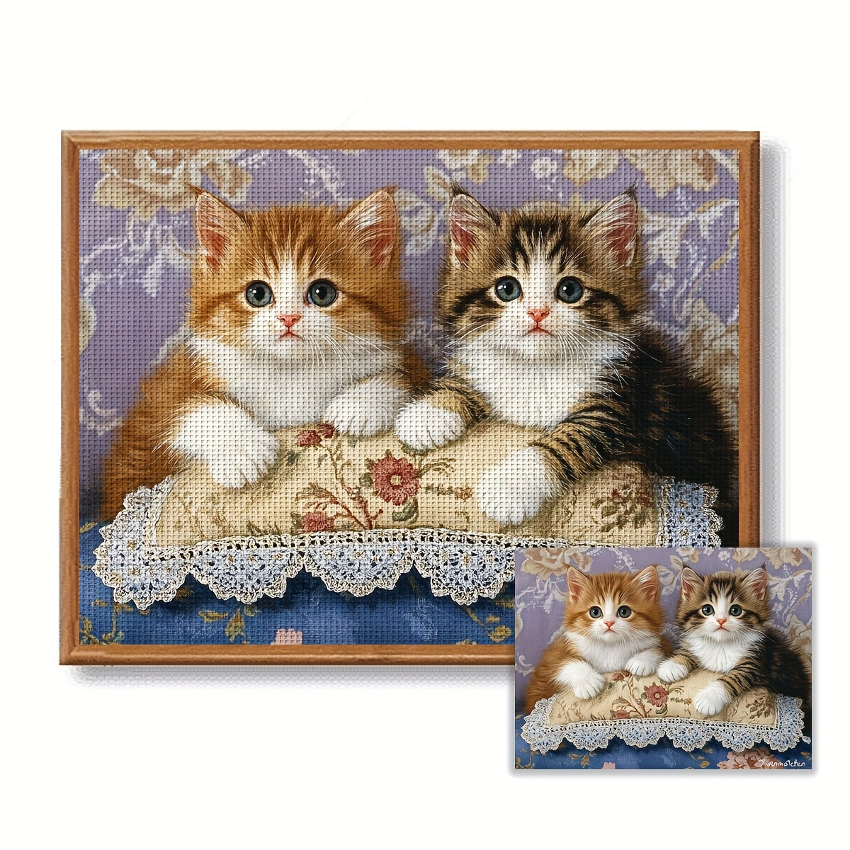 1pc ZUOANLF DIY Cross Stitch Kit - Two Adorable Tabby Kittens (Brown & Grey) Complete Embroidery Set with Fabric Hoop-Like Board, Threads & Instructions - 11/14CT Pre-Printed Design for Home Decor, Beginner-Friendly Craft Pro