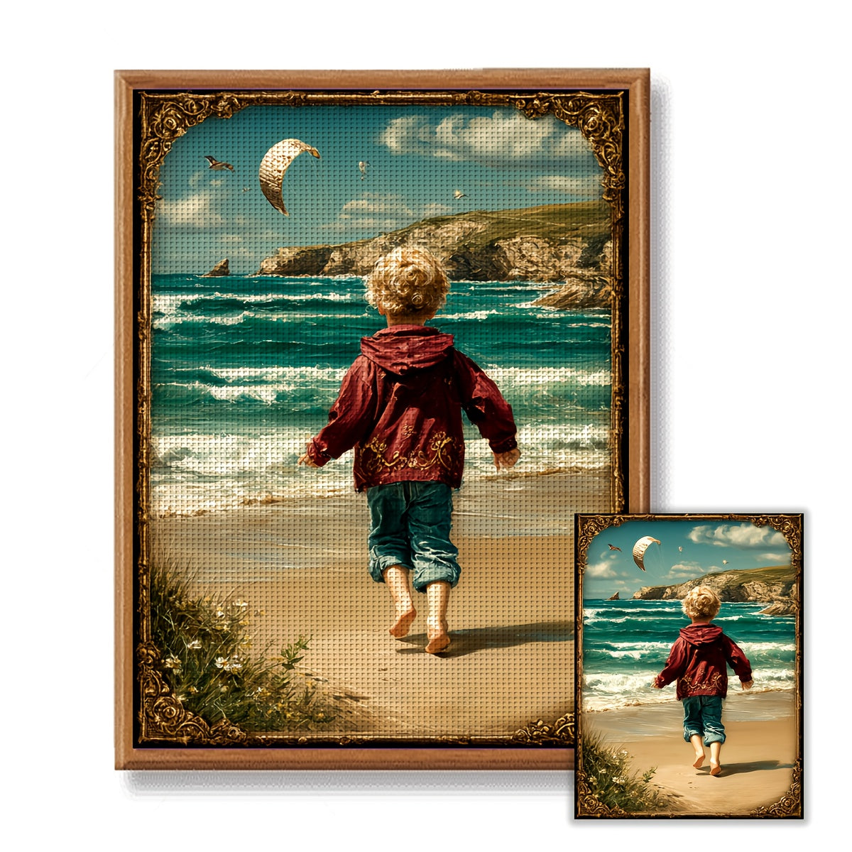 JOZYSH 1pc, new 16CT frameless 30x40cm/11.8x15.7in cross stitch kit, Running by the seaside, handmade DIY printed cross stitch embroidery set, creative hand relaxed gift, including printed map, printed embroidery cloth, threa